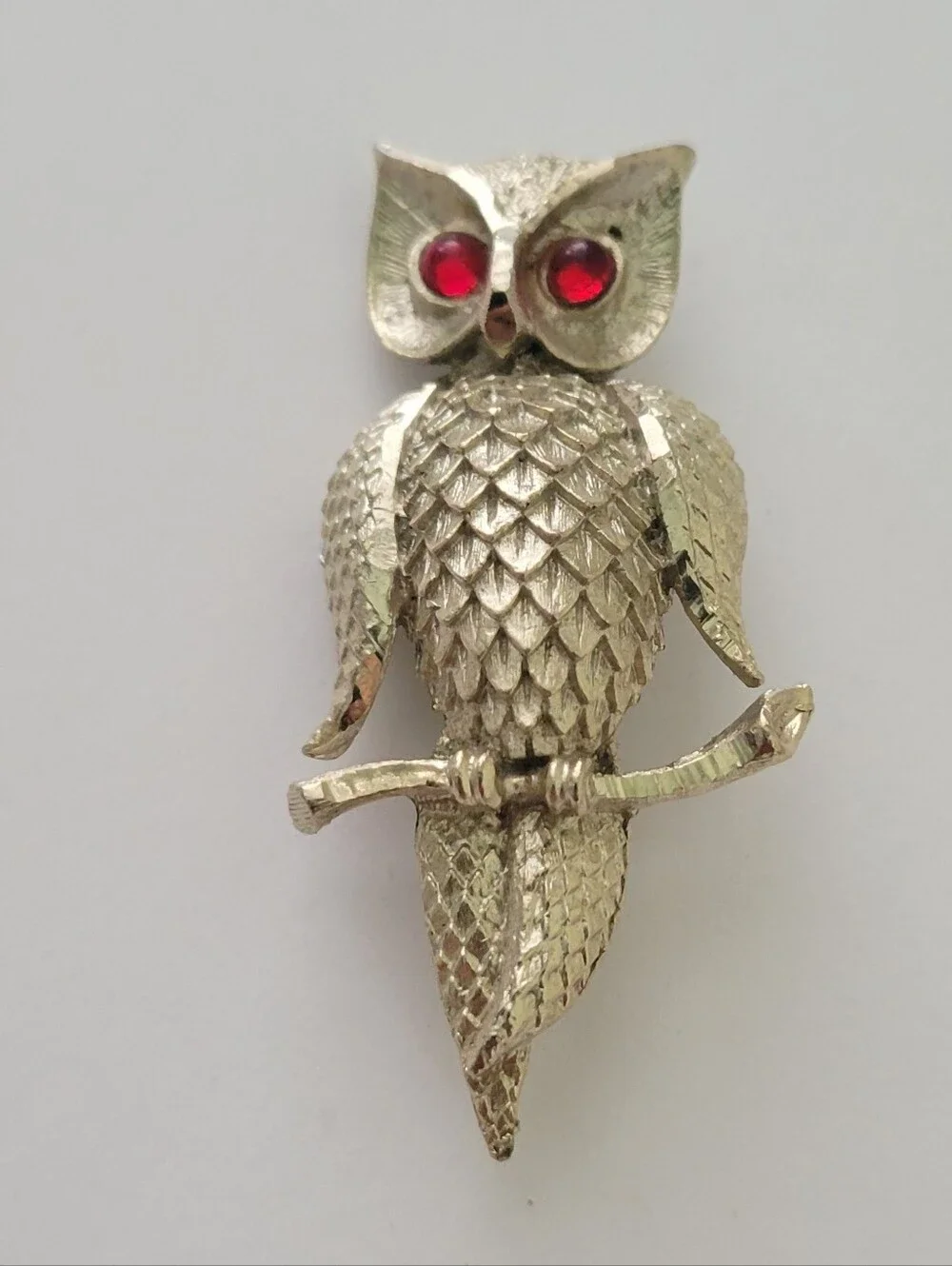 Vintage Signed BSK Gold-tone Owl Brooch W/ Red Glass Eyes